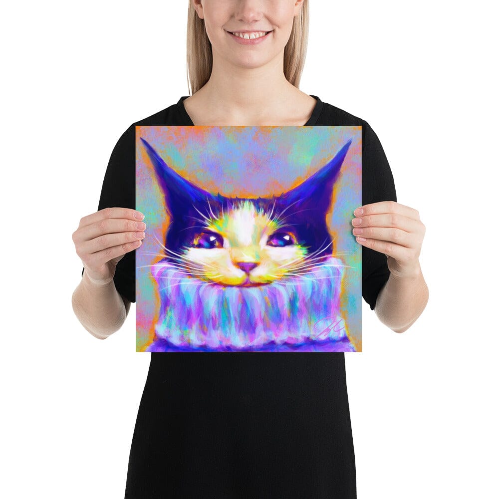 Chroma Cats Collection - "Chunky Sweater" - Painting of a Colorful Tuxedo Cat Wearing a Turtleneck [Unfoiled] Posters, Prints, & Visual Artwork JoyousJoyfulJoyness 