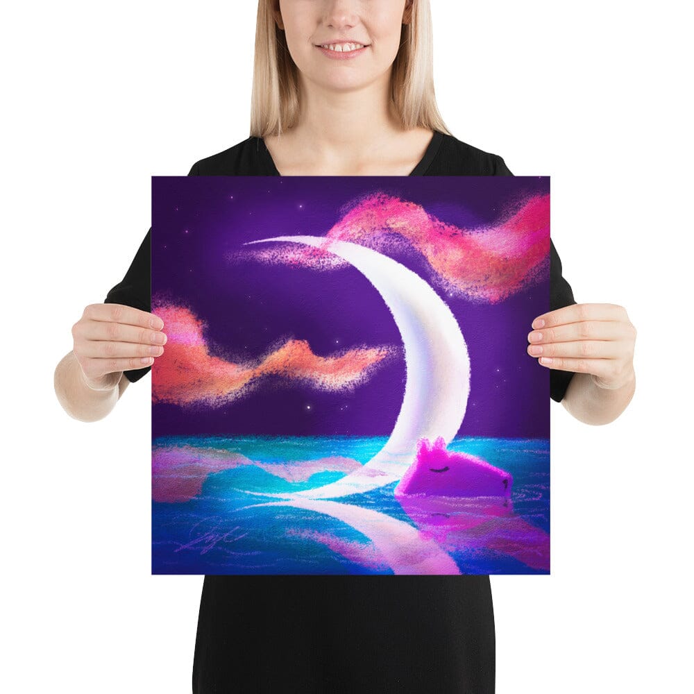 Moonlit Capybaras Collection - 5 - "Waxing Crescent Moon" Painting [Unfoiled] Posters, Prints, & Visual Artwork JoyousJoyfulJoyness 