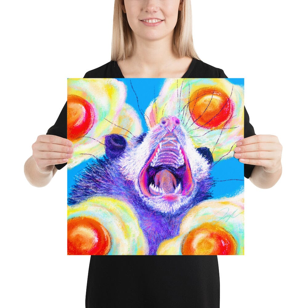 Culinary Critters Collection - "AAAAAAA with a Side of Eggs" Painting | Screaming Opossum with Eggs [Unfoiled] Posters, Prints, & Visual Artwork JoyousJoyfulJoyness 