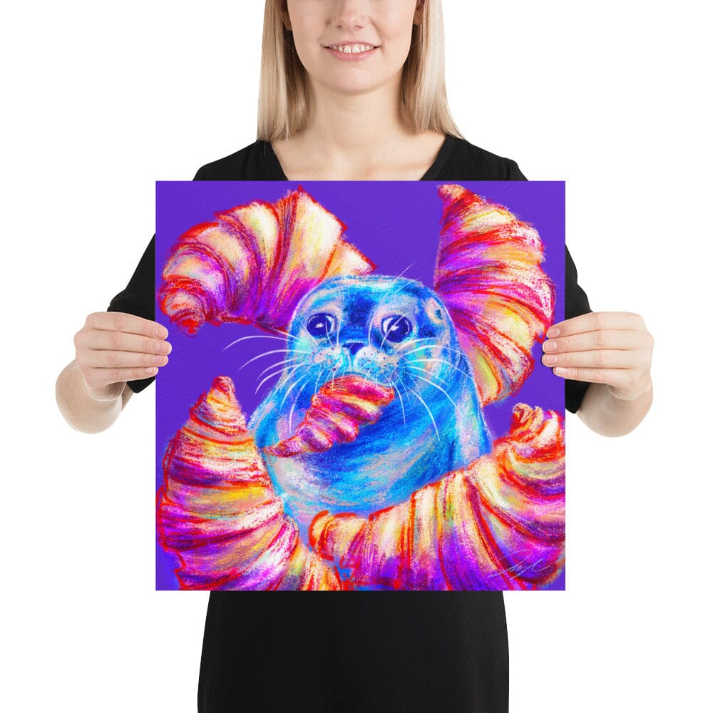 Culinary Critters Collection - "Carb Loading" Painting | Silly Seal Surrounded by Croissants [Unfoiled] Posters, Prints, & Visual Artwork JoyousJoyfulJoyness 