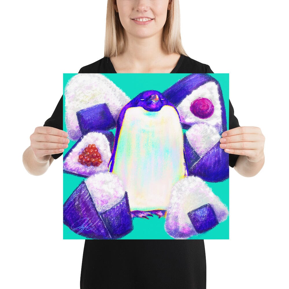 Culinary Critters Collection - "Pen-igiri" Painting | Chonky Penguin Surrounded by Onigiri [Unfoiled] Posters, Prints, & Visual Artwork JoyousJoyfulJoyness 