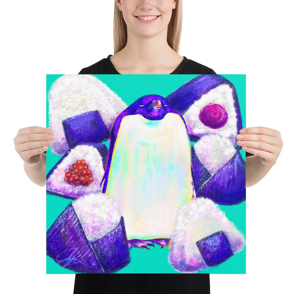 Culinary Critters Collection - "Pen-igiri" Painting | Chonky Penguin Surrounded by Onigiri [Unfoiled] Posters, Prints, & Visual Artwork JoyousJoyfulJoyness 