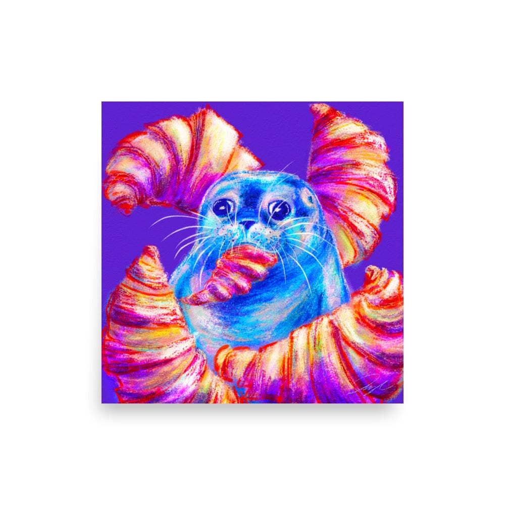 Culinary Critters Collection - "Carb Loading" Painting | Silly Seal Surrounded by Croissants [Unfoiled] Posters, Prints, & Visual Artwork JoyousJoyfulJoyness 