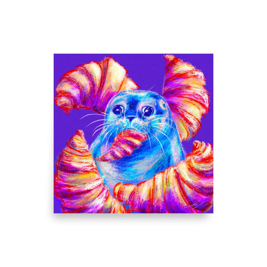 Culinary Critters Collection - "Carb Loading" Painting | Silly Seal Surrounded by Croissants [Unfoiled] Posters, Prints, & Visual Artwork JoyousJoyfulJoyness 