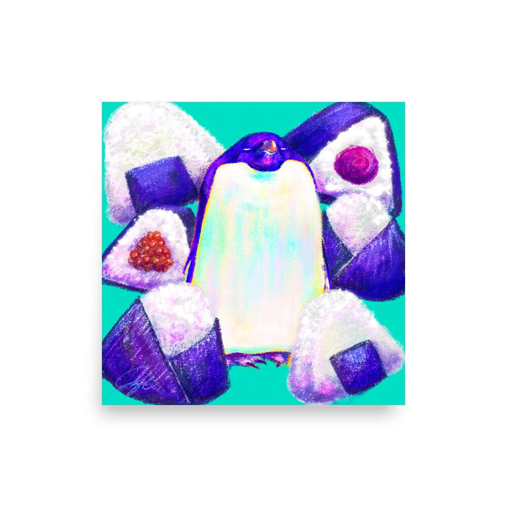 Culinary Critters Collection - "Pen-igiri" Painting | Chonky Penguin Surrounded by Onigiri [Unfoiled] Posters, Prints, & Visual Artwork JoyousJoyfulJoyness 