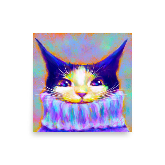 Chroma Cats Collection - "Chunky Sweater" - Painting of a Colorful Tuxedo Cat Wearing a Turtleneck [Unfoiled]