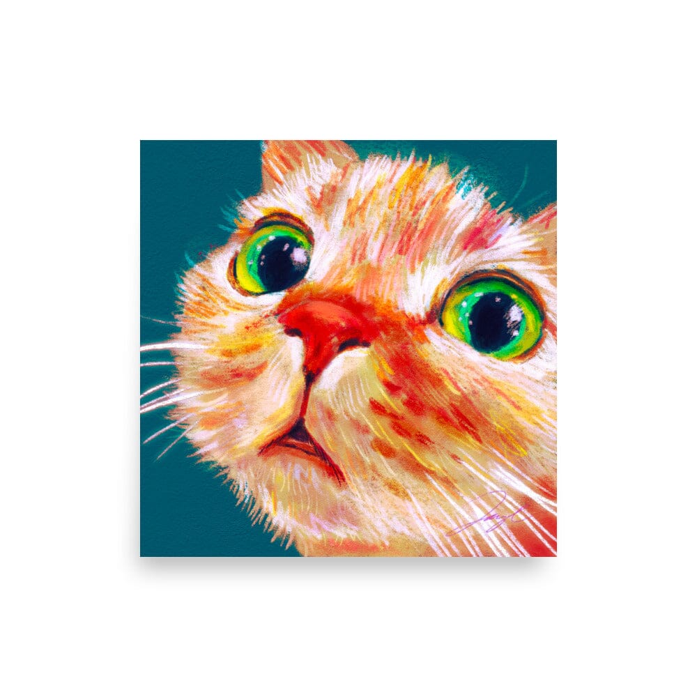 Close Encounters Collection - "Green Eyes" (TEAL Background) - Close Up Painting of a Ginger Cat [Unfoiled] Posters, Prints, & Visual Artwork JoyousJoyfulJoyness 