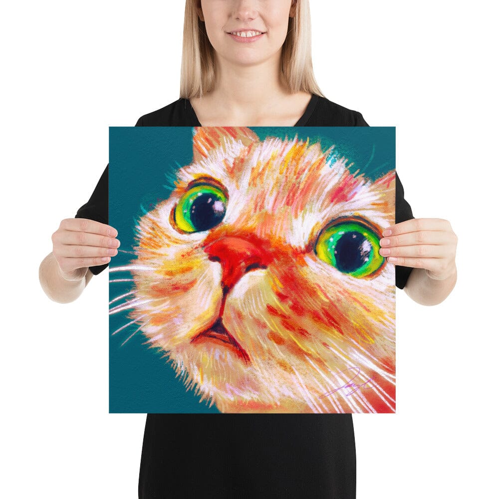 Close Encounters Collection - "Green Eyes" (TEAL Background) - Close Up Painting of a Ginger Cat [Unfoiled] Posters, Prints, & Visual Artwork JoyousJoyfulJoyness 
