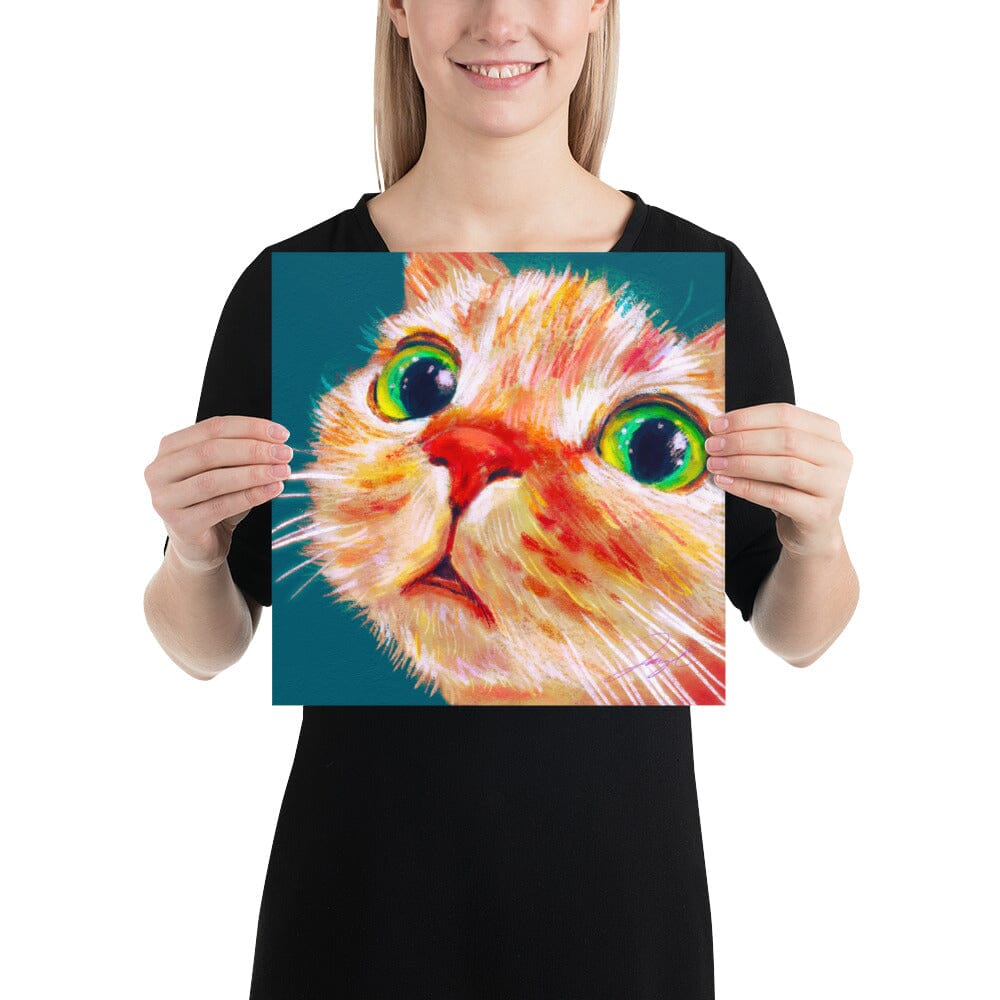 Close Encounters Collection - "Green Eyes" (TEAL Background) - Close Up Painting of a Ginger Cat [Unfoiled] Posters, Prints, & Visual Artwork JoyousJoyfulJoyness 