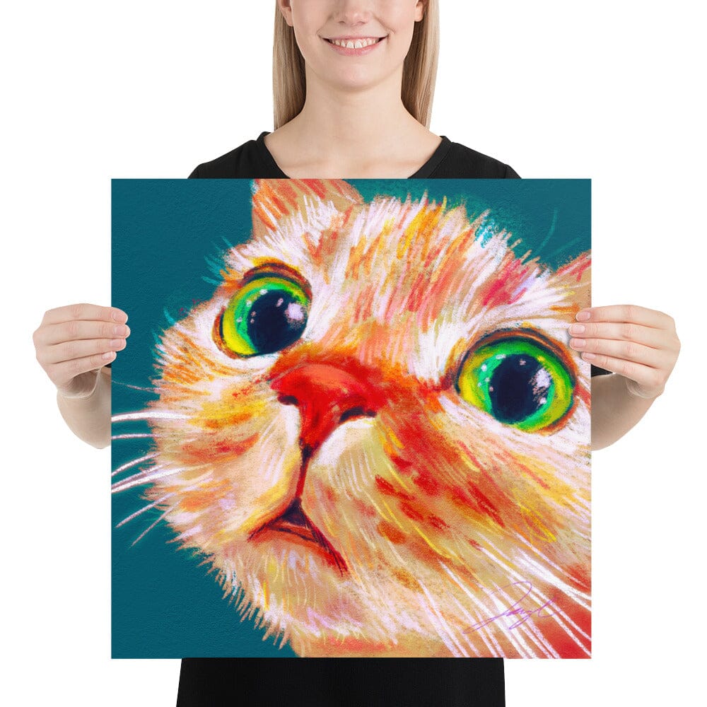 Close Encounters Collection - "Green Eyes" (TEAL Background) - Close Up Painting of a Ginger Cat [Unfoiled] Posters, Prints, & Visual Artwork JoyousJoyfulJoyness 