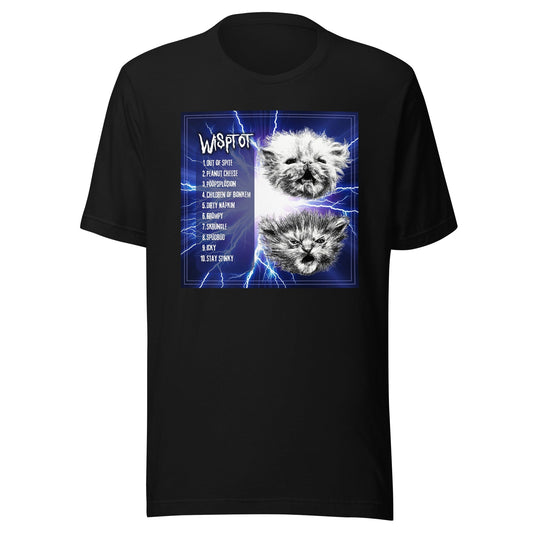 WispTot Album (BACK Only) T-Shirt [Unfoiled] (All net proceeds go to equally to Kitty CrusAIDe and Rags to Riches Animal Rescue) JoyousJoyfulJoyness Black XS 