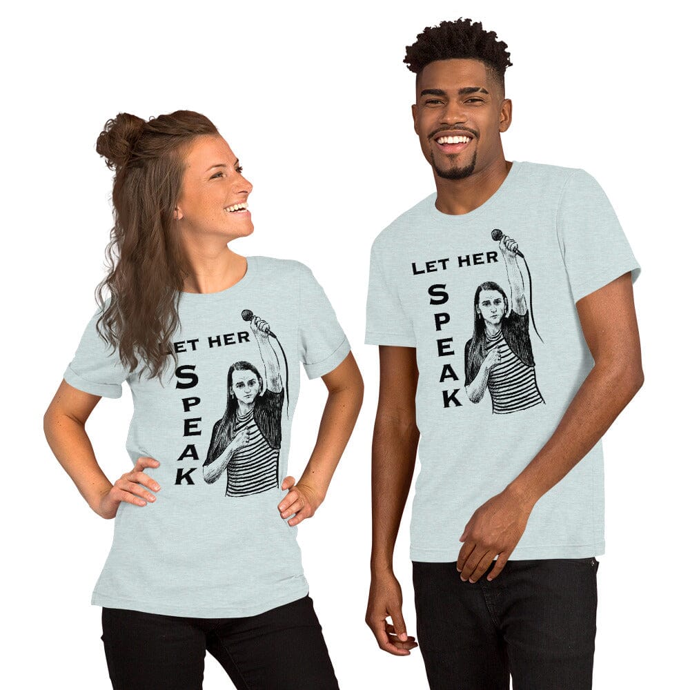 Let Her Speak T-Shirt | Zooey Zephyr | All net proceeds go to Vote Save America JoyousJoyfulJoyness Heather Prism Ice Blue XS 