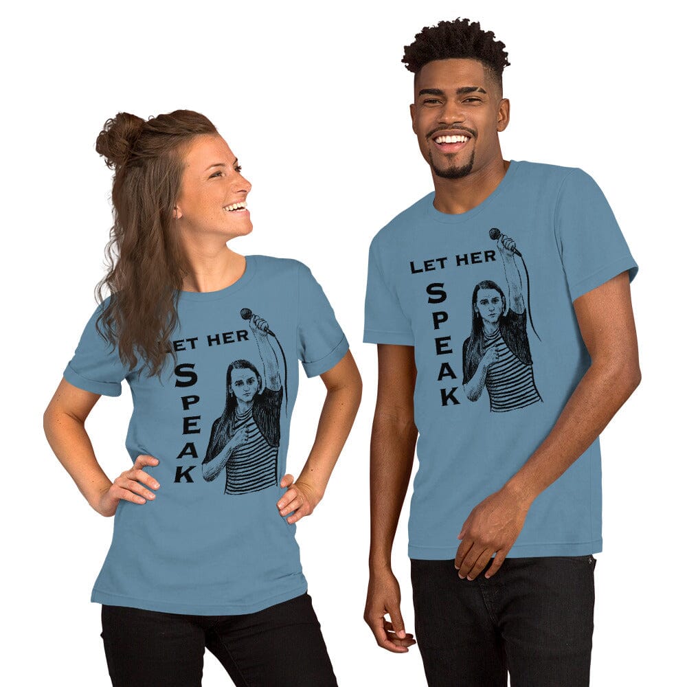Let Her Speak T-Shirt | Zooey Zephyr | All net proceeds go to Vote Save America JoyousJoyfulJoyness Steel Blue S 
