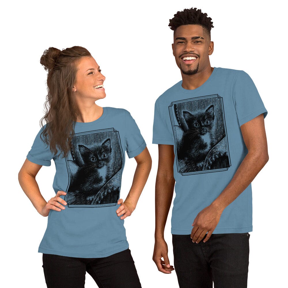 Tiny Tim and his Chair T-Shirt [Unfoiled] (All net proceeds go to Tiny Tim's Tiny Foster Family) JoyousJoyfulJoyness Steel Blue S 