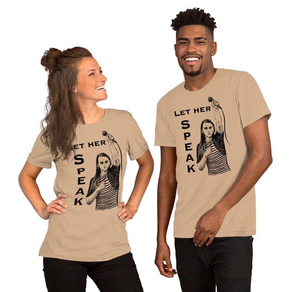Let Her Speak T-Shirt | Zooey Zephyr | All net proceeds go to Vote Save America JoyousJoyfulJoyness Tan XS 
