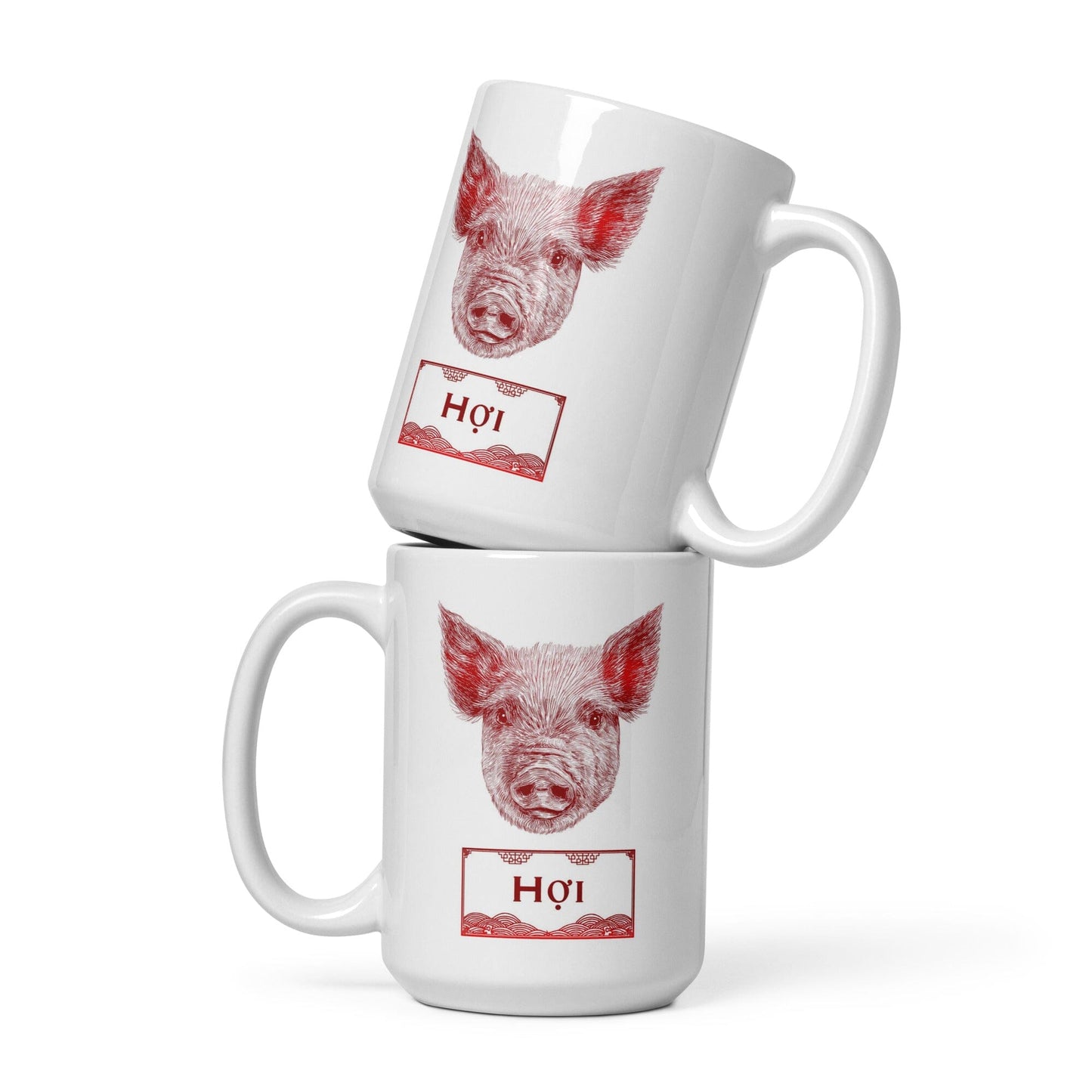 Vietnamese Zodiac Glossy Ceramic Mug - 12 - Pig/Boar JoyousJoyfulJoyness 15 oz 