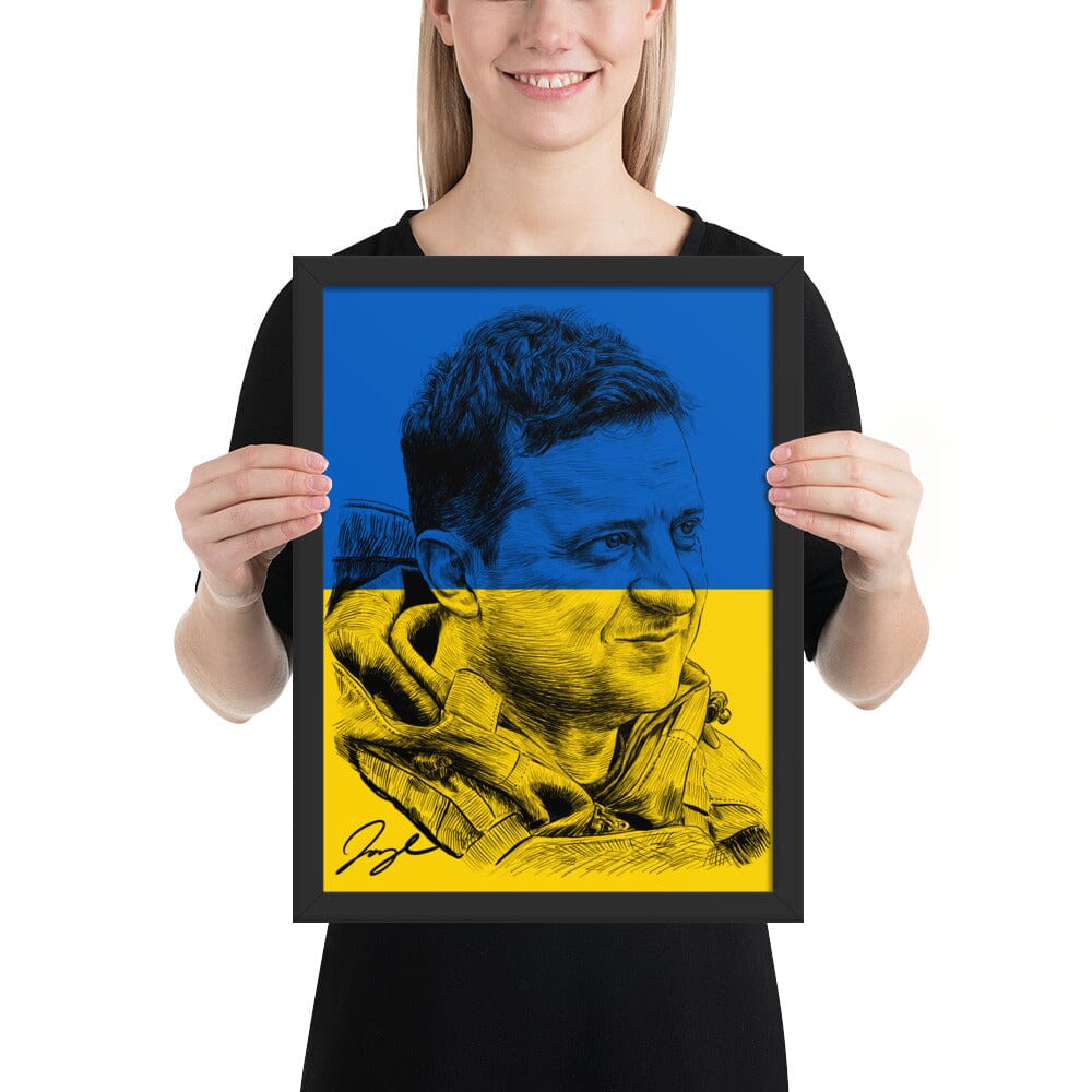 President Zelenskyy (Flag) Framed Poster [Unfoiled] Posters, Prints, & Visual Artwork JoyousJoyfulJoyness Black 12″×16″ 