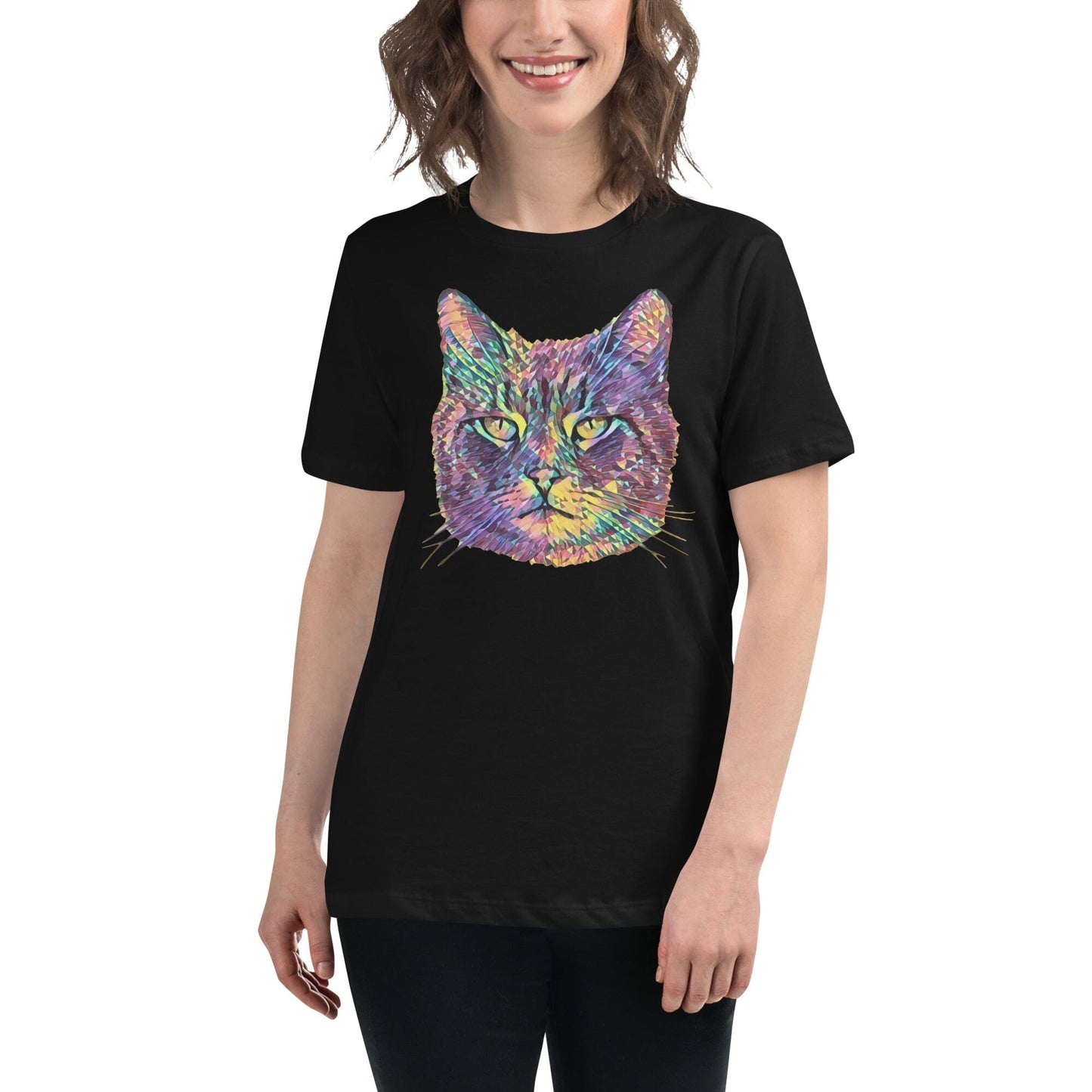 Cat Women's Relaxed T-Shirt JoyousJoyfulJoyness Black S 